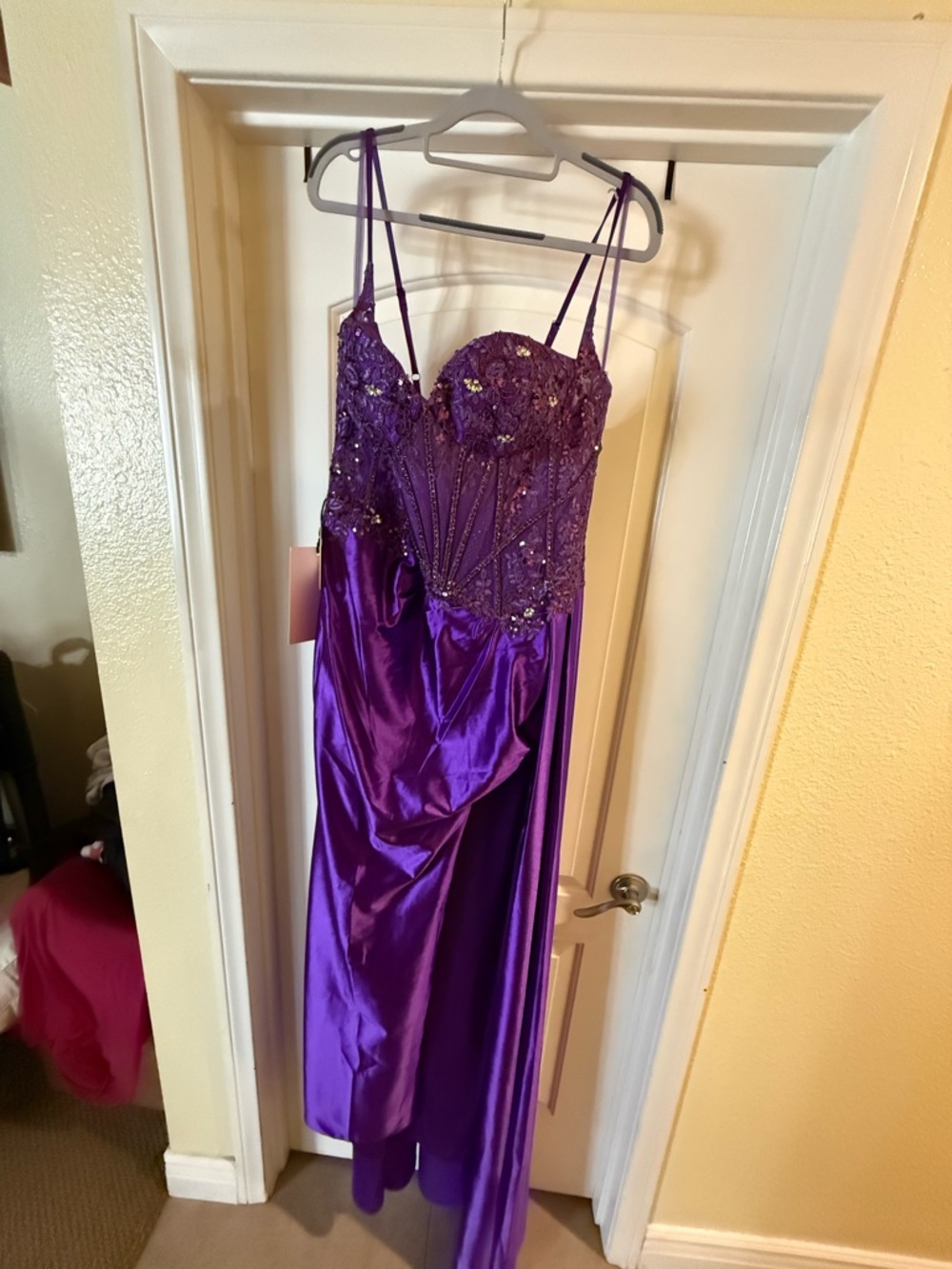 Purple Embellished Prom Dress with Spaghetti Straps
